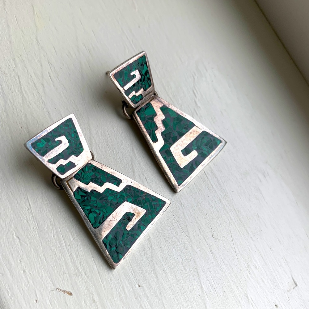 Vintage Mexican SS & Turquoise Chunky Earrings